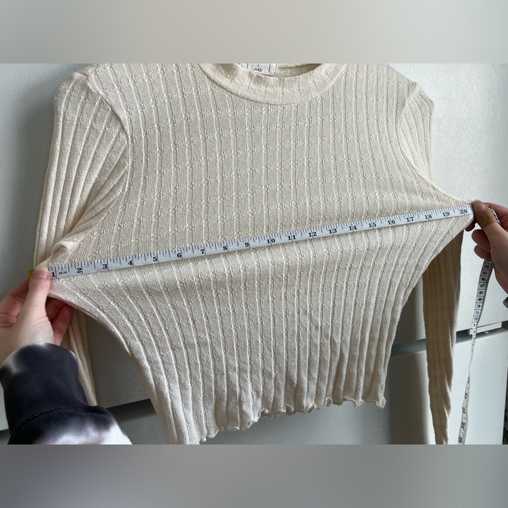 CLEARANCE Women’s Ribbed Cream Colored Long Sleeve Lettuce Trim Shirt - Picture 4 of 6